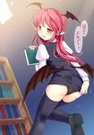  ass black_legwear black_panties blush book bookshelf embarrassed head_wings highres holding holding_book jpeg_artifacts koakuma long_hair looking_at_viewer low_wings niiya panties pantyshot pointy_ears red_eyes red_hair solo thighhighs touhou translated underwear wings 