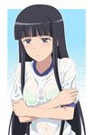  black_hair blue_eyes bra cross gym_uniform highres himegami_aisa jewelry long_hair necklace see-through shirt smile_(rz) solo to_aru_majutsu_no_index underwear wet wet_clothes wet_shirt 