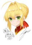  &gt;:) 1girl :d afterimage ahoge ashiwara_yuu blush braid chibi closed_mouth dress eyes_closed fate/extra fate_(series) green_eyes hair_bun hair_intakes highres juliet_sleeves long_sleeves looking_at_viewer nero_claudius_(fate) nero_claudius_(fate)_(all) open_mouth puffy_sleeves signature sleeves_past_fingers sleeves_past_wrists smile v-shaped_eyebrows 