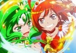  :d choker cure_march cure_sunny fire green_choker green_eyes green_hair grin hino_akane_(smile_precure!) mesushirindaa midorikawa_nao multiple_girls open_mouth orange_eyes orange_hair precure red_choker smile smile_precure! tiara 