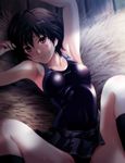  amagami armpits black_hair black_legwear blush breasts brown_eyes competition_swimsuit hay kneehighs looking_at_viewer lying medium_breasts nanasaki_ai one-piece_swimsuit shian_(my_lonly_life.) short_hair skirt smile solo sweat swimsuit 