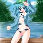  1girl artist_request blue_eyes blue_hair blush breasts embarrassed female hair_bobbles hair_ornament hat kawashiro_nitori navel nipples open_mouth pussy riku_(rikkuru) short_hair short_twintails solo surprised swimsuit touhou twintails uncensored water 