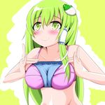  blush bra breasts collarbone frog_hair_ornament green_eyes green_hair hair_ornament hair_tubes kochiya_sanae large_breasts long_hair panties smile snake_hair_ornament solo touhou underwear youjohan 