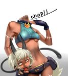  1girl animal_ears bare_shoulders bell bell_collar belt breasts cat_ears cat_tail collar dark_skin english fingerless_gloves gloves holding midriff ms._fortune_(skullgirls) nadia_fortune navel severed_head simple_background skullgirls sleeveless solo standing tail tongue tongue_out underboob white_background white_eyes white_hair yama 