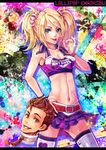  1girl abs blonde_hair blue_eyes breasts brown_hair candy cheerleader cleavage clothes_writing crop_top food hotaka_(honeybee1206) juliet_starling large_breasts lollipop lollipop_chainsaw midriff navel necktie nick_carlyle severed_head skirt smile thighhighs twintails wristband 