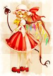  ascot blonde_hair bow choma flandre_scarlet gloves hat hat_bow laevatein large_bow long_hair mary_janes pantyhose pinstripe_pattern red_eyes shoes side_ponytail skirt skirt_set smile solo striped striped_legwear touhou vertical-striped_legwear vertical_stripes white_gloves white_legwear wings 