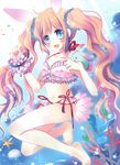  :d absurdres air_bubble animal_ears barefoot bikini blue_eyes blush brown_hair bubble collarbone copyright_request feathers floating_hair full_body highres hinayuki_usa jellyfish long_hair looking_at_viewer navel ocean open_mouth pink_bikini smile solo source_request swimsuit toes twintails underwater very_long_hair water wavy_hair 