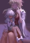  ^_^ animal_ears blonde_hair blush capelet closed_eyes dress embarrassed fidgeting hair_over_eyes hands_together ishikkoro mouse_ears mouse_tail multiple_girls nazrin no_shoes on_lap own_hands_together petite short_hair silver_hair size_difference socks tail toramaru_shou touhou 
