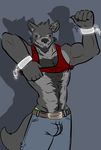  anthro beard belt biceps black_nose black_sclera bulge canine chain clothing ear_piercing eyebrow_piercing facial_hair facial_piercing fur grey_background grey_body grey_fur jazzwolf male mammal mapdark muscles nipple_piercing nipples pants pecs piercing plain_background shirt shirt_lift shirtlifting smile solo standing tank_top wolf 