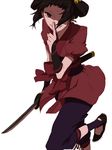  1girl alfa_system black_hair chitose_cxarma grey_eyes grin japanese_clothes pants shoes smile sword tales_of_(series) tales_of_innocence weapon 