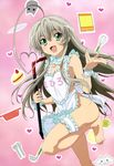  absurdres ahoge apron crowbar feet garters green_eyes haiyore!_nyaruko-san highres legs long_hair naked_apron non-web_source nyantype nyarlathotep_(nyaruko-san) official_art ono_kazumi open_mouth silver_hair solo very_long_hair 