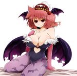  animal_print arano_oki bat bat_print breasts bridal_gauntlets cleavage collarbone cosplay demon_wings hair_bobbles hair_ornament hand_on_own_chest hat head_wings heart heart_cutout highres kawashiro_mitori large_breasts morrigan_aensland morrigan_aensland_(cosplay) one_side_up original pantyhose print_legwear purple_wings red_eyes red_hair short_hair simple_background solo touhou vampire_(game) wings 