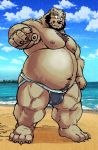  4_toes 5_fingers anthro beach beard body_hair brown_fur chest_hair claws clothed clothing facial_hair fur happy_trail jockstrap kumagaya_shin looking_at_viewer love_mechanic male mammal muscular muscular_male navel nipples sea seaside smile solo standing toes tom_(lm) topless underwear ursine water 