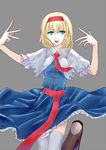  alice_margatroid blonde_hair blue_eyes capelet cross-laced_footwear frills hairband hibino_nozomu long_skirt necktie open_mouth outstretched_arms short_hair simple_background skirt solo thighhighs touhou 