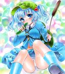  at_classics backpack bag blue_eyes blue_hair boots breasts cattail cucumber hair_bobbles hair_ornament hat kawashiro_nitori key large_breasts marker_(medium) navel panties plant short_hair skirt skirt_set solo touhou traditional_media two_side_up underwear white_panties 