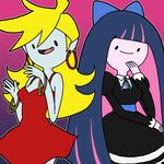  adventure_time bite_mark blonde_hair cosplay dress earrings jewelry long_hair marceline_abadeer multicolored_hair multiple_girls panty_&amp;_stocking_with_garterbelt panty_(psg) panty_(psg)_(cosplay) princess_bonnibel_bubblegum red_dress short_dress solid_circle_eyes stocking_(psg) stocking_(psg)_(cosplay) two-tone_hair 