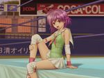  alcohol ascot beer blush can coca-cola elbow_pads hair_bobbles hair_ornament knee_pads open_mouth purple_eyes purple_hair shoes short_hair sign sitting skirt smile sneakers solo umii wrestle_angels wrestle_angels_survivor wrestle_angels_survivor_2 wrestling_outfit wrestling_ring yuuki_chigusa 