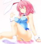  animal_ears bare_legs bare_shoulders blue_leotard bow bowtie breasts bunny_ears bunny_girl bunny_tail bunnysuit checkered checkered_floor cleavage closed_eyes detached_collar fake_animal_ears large_breasts leotard pink_hair reg_(artist) saigyouji_yuyuko short_hair sitting smile socks solo tail touhou wrist_cuffs 