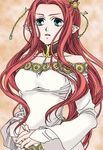  1girl alfa_system bare_shoulders breasts brown_background choker detached_sleeves dress green_eyes inanna long_hair open_mouth pointy_ears red_hair tales_of_(series) tales_of_innocence very_long_hair 