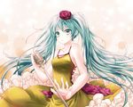  angel31424 aqua_eyes aqua_hair bad_id bad_pixiv_id bare_shoulders dress flower frilled_dress frills green_dress hair_flower hair_ornament hatsune_miku kochira_koufuku_anshin_iinkai_desu_(vocaloid) long_hair microphone microphone_stand solo twintails very_long_hair vintage_microphone vocaloid 