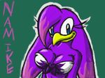  beak big_breasts bird blue_eyes breasts cleavage female green_background original_the_character plain_background purple_body sega solo sonic_(series) swallow_(bird) uzzthehedgehog 