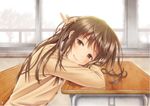  arm_rest bangs blush brown_eyes brown_hair chair desk from_side index_finger_raised indoors leaning_forward long_hair looking_at_viewer original school_desk sitting smile solo takeru_(at_will) upper_body window 