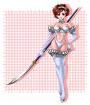  boots breasts brown_hair cleavage elbow_gloves female_protagonist_(persona_3) gloves high-cut_armor medium_breasts naginata navel persona persona_3 persona_3_portable polearm pose red_eyes solo thigh_boots thighhighs weapon 