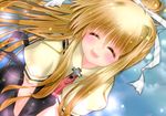  air bent_over blonde_hair closed_eyes dutch_angle kamio_misuzu long_hair nekoko_(himekasama) ponytail school_uniform solo 