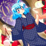  ahoge akasode_(tyaramu) arm_grab bag blue_eyes blue_hair blush collarbone fireworks heterochromia japanese_clothes lantern long_sleeves obi open_mouth red_eyes sash short_hair solo tatara_kogasa touhou unmoving_pattern wide_sleeves yagasuri 