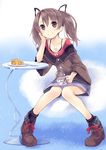 bad_id bad_pixiv_id blue_background boots brown_eyes brown_hair collarbone cross-laced_footwear cup food full_body hair_between_eyes hand_on_own_cheek head_rest jewelry knees_together_feet_apart kyuri necklace original pie sitting smile solo table teacup twintails wide_sleeves 