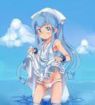  1girl artist_request blue_eyes blue_hair ikamusume kikiki_(hiya_mikan) ocean panties shinryaku!_ikamusume skirt skirt_lift solo underwear water wet 