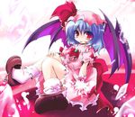  anbee_(arary) ascot bad_id bad_pixiv_id bat_wings blouse bobby_socks bow brooch buttons eyelashes fang hand_on_own_knee hat hat_ribbon highres jewelry lavender_hair light light_particles looking_at_viewer open_hand open_mouth outstretched_arm red_eyes remilia_scarlet ribbon shards shoe_dangle short_hair short_sleeves sitting skirt smile socks solo touhou white_legwear wings 