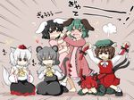  &gt;_&lt; :t animal_ears barefoot black_hair blouse bobby_socks bow braid brown_hair bunny_ears capelet cat_ears cat_tail cheek_pull cheese chen closed_eyes covering_face detached_sleeves dress eating emphasis_lines fang fighting food green_dress green_hair grey_eyes grey_hair hair_bow hair_pull hat heart high_collar inaba_tewi inubashiri_momiji jewelry kaenbyou_rin kasodani_kyouko long_sleeves lying mouse_ears mouse_tail multiple_girls multiple_tails nazrin on_stomach open_mouth pink_background pink_dress red_eyes red_hair rokunen seiza short_sleeves single_earring sitting sitting_on_person skirt smile socks standing swiss_cheese tail tail_wagging tears tokin_hat touhou twin_braids vest white_hair wide_sleeves wolf_ears wolf_tail 