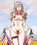  alternate_costume blush bow bowtie breasts brown_eyes cloud eyebrows_visible_through_hair grey_hair hat kantai_collection long_hair looking_at_viewer medium_breasts mini_hat open_mouth outdoors pola_(kantai_collection) sameha_ikuya sky smile solo swimsuit wavy_hair 
