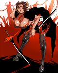  1girl bent_over breasts brown_hair cigarette cleavage dark_skin demon_girl hdkg katana large_breasts necktie original pixiv_thumbnail pointy_ears red_eyes resized smoking solo sword weapon 