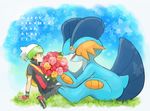  arm_support backpack bag black_hair blush creature fingerless_gloves flower gen_3_pokemon gloves hat niimura_(csnel) pokemon pokemon_(creature) pokemon_special red_eyes ruby_(pokemon) short_sleeves sitting swampert 