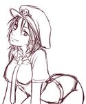  bent_over breasts hat large_breasts midriff monochrome necktie peaked_cap short_hair short_shorts short_sleeves shorts sketch skull_and_crossbones smile solo yukizou yurikawa_midori zombie-ya_reiko 