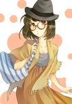  :o bag brown_eyes brown_hair glasses hat hat_ribbon original ribbon short_hair solo striped t-okada 