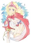  agahari bare_arms blonde_hair cape holding long_pointy_ears looking_at_viewer lorien_(monster_maker) monster_maker pointy_ears purple_eyes smile sword traditional_media weapon 