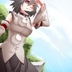  bare_shoulders blue_sky breasts day detached_sleeves hand_over_face inubashiri_momiji large_breasts light_smile mazuka_kei one_eye_closed pom_pom_(clothes) red_eyes short_hair silver_hair sky solo tail touhou upper_body wide_sleeves wind wolf_tail 