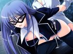  1girl arm_grab arm_held_back banpuri_~ikinari_suwarete_h_shiyo!~ blue_hair breasts cum cum_in_pussy cum_on_body doggystyle glasses hetero long_hair medium_breasts nipples nishizono_kanami overflow pantyhose pantyhose_pull sex solo_focus 