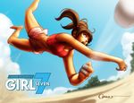 alexi_(girl7) barefoot beach brown_eyes brown_hair day dirty_feet falling finger_wrap girl7 midriff motion_blur navel omar_dogan open_mouth original sand shiny shiny_skin shorts solo sports_bra twintails volleyball 
