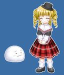  8_(ukagaka) :3 ^_^ blonde_hair blue_background closed_eyes curly_hair full_body hat lowres marshmallow_(ukagaka) plaid plaid_skirt saionji_miruku skirt tachi-e ukagaka 
