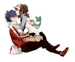  1boy 1girl bag blush brown_hair closed_eyes couple double_bun fingerless_gloves gen_5_pokemon gloves hands_on_shoulders hetero hue_(pokemon) jacket leggings long_hair mei_(pokemon) no_legwear pokemon pokemon_(creature) pokemon_(game) pokemon_bw2 raglan_sleeves ribbon sitting sitting_on_person skirt snivy spiked_hair twintails visor_cap white_background 