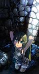  armpits arms_up bdsm bondage bound chain from_above fujita_(condor) green_eyes green_hair hatsune_miku long_hair looking_up skull solo twintails vocaloid well 
