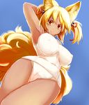 :p animal_ears arm_up armpits blonde_hair blue_background breasts brown_eyes cameltoe covered_nipples dearmybrothers fox_ears fox_tail from_below hair_bobbles hair_ornament highres impossible_clothes large_breasts multiple_tails no_hat no_headwear one-piece_swimsuit school_swimsuit short_hair short_twintails smile solo swimsuit tail tan tongue tongue_out touhou twintails wet yakumo_ran yellow_eyes 