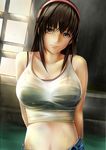  arms_behind_back bad_id bad_pixiv_id bare_shoulders black_eyes breasts brown_hair collarbone dead_or_alive hairband hitomi_(doa) large_breasts looking_at_viewer midriff nannacy7 see-through smile tank_top water wet window 