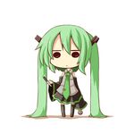  absurdly_long_hair arm_at_side black_skirt boots chibi detached_sleeves expressionless full_body green_eyes green_hair green_neckwear grey_shirt hair_between_eyes hair_ornament hatsune_miku holding holding_microphone holding_pen legs_apart long_hair looking_at_viewer microphone necktie ominaeshi_(takenoko) pen shirt simple_background skirt solid_circle_eyes solo standing very_long_hair vocaloid white_background 