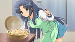  apron artist_request asakura_ryouko blue_eyes blue_hair daikon food game_cg highres kinchaku_(food) kita_high_school_uniform konnyaku_(food) ladle leaning_forward long_hair oden school_uniform serafuku smile solo suzumiya_haruhi_no_shoushitsu suzumiya_haruhi_no_tsuisou suzumiya_haruhi_no_yuuutsu 