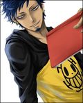  blue_hair book earrings facial_hair goatee hood hoodie jewelry jolly_roger looking_at_viewer male male_focus one_piece pirate raglan_sleeves simple_background smiley_face solo trafalgar_law white_background 